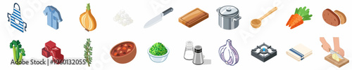 Comprehensive isometric collection of kitchen tools, fresh vegetables, meat, and various ingredients used for cooking homemade meals and stews.