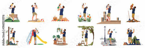 A collection of vector illustrations showing a father lifting his child in various scenes including park, beach, picnic, garden, and camping.