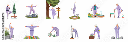 Set of illustrations depicting an active senior woman practicing yoga, stretching, walking, and gardening outdoors for a healthy lifestyle and wellbeing.
