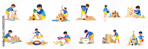Collection of illustrations featuring a young boy playing on the beach and building various sandcastles with toys and shells on white background