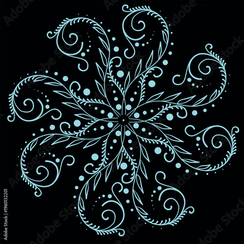 Decorative icy flower icon, winter frost curl mandala for Christmas design