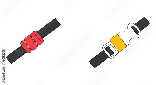 wo seatbelt buckles, one red and one yellow, displayed on a white background, minimal line art vector collection for car safety icons