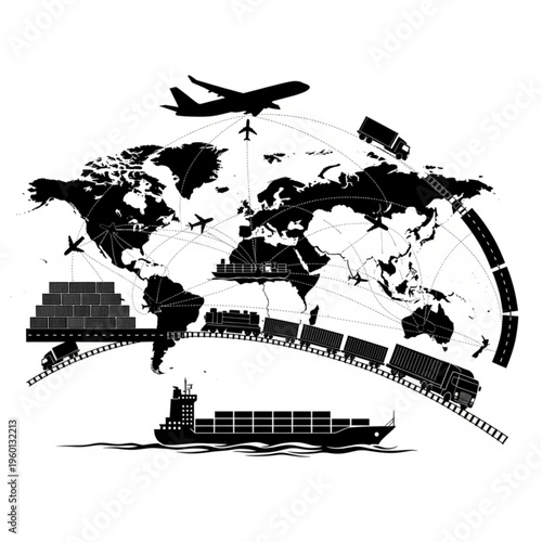 Global logistics and transportation illustration with airplane, ship, truck, train, and world map