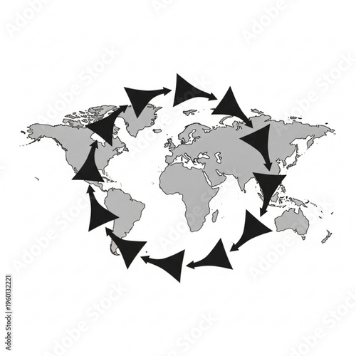 Black silhouette illustration of a world map with arrows pointing in circular motion around it.