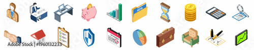 Comprehensive Isometric Icon Set for Retirement Planning Financial Savings and Investment Strategy Featuring 401k Piggy Bank and Graphs