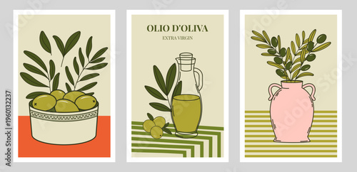 Italian and Greek summer poster set with olive, oil and ceramic vase. Mediterranean hand-drawn retro print wall art
