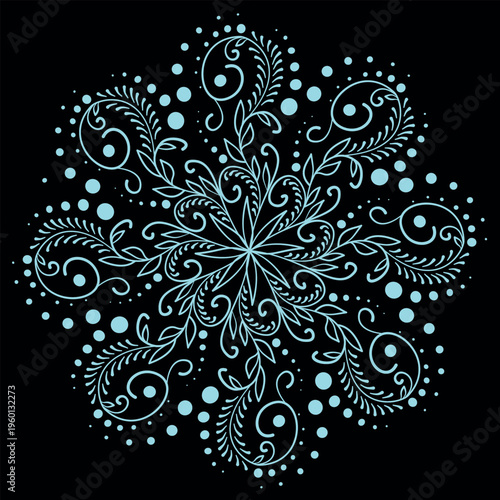 Elegant teal snowflake icon with swirl patterns, Christmas floral frozen ornament