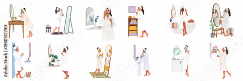 Set of illustrations depicting women in bathrobes engaging in daily skincare routines, applying facial masks, and using beauty products in various bathroom settings.