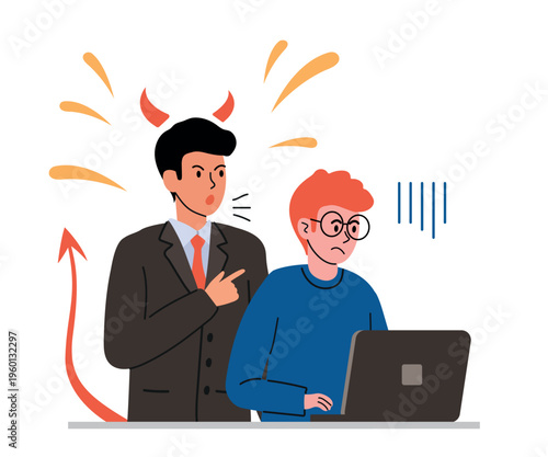 Aggressive boss with devil horns and tail aggressively yells at subordinate working on laptop. Vector illustration in flat style
