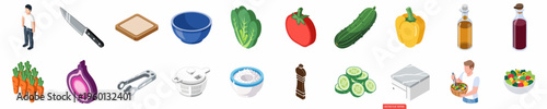 Isometric icons collection for salad preparation, including fresh vegetables, kitchen tools, and people making healthy meals, isolated on a white background.