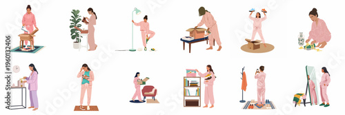 Flat vector illustration set of women in loungewear unboxing packages, trying on sneakers, and organizing their home wardrobe.