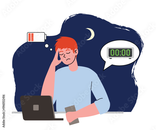 It is midnight, man is still working on laptop. Doodle vector illustration. Suitable for burnout, overtime, work-life imbalance