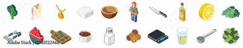 Isometric set of healthy food ingredients, cooking tools, and kitchenware icons featuring vegetables, olive oil, lemon, nuts, and scales for culinary preparation.