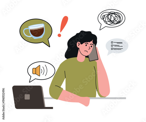 Stressful situation at work, many calls and messages. Girl dreams of coffee. Doodle vector illustration for burnout, multitasking