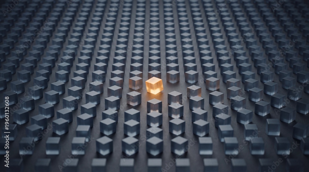 Fototapeta premium Bright cube differentiating from a uniform group of grey blocks, symbolizing individuality, leadership, and uniqueness