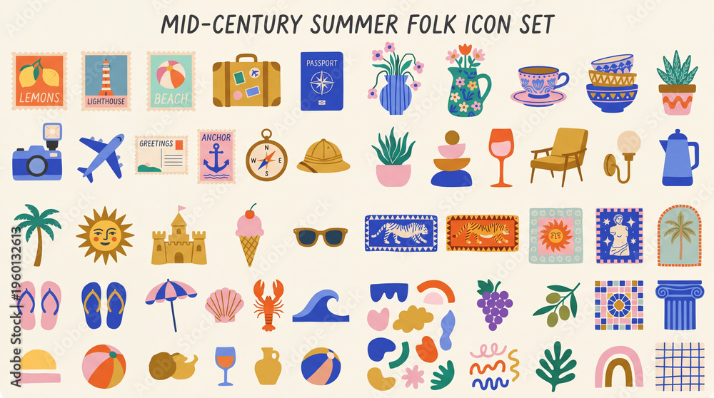 Fototapeta premium Mid-century summer folk icon set featuring travel, nature, and leisure activities in a colorful design
