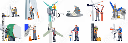 Collection of professional technicians and engineers performing maintenance and inspections on wind turbines in the renewable energy industry.