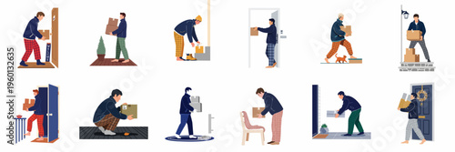 Set of illustrations depicting people in pajamas receiving and picking up cardboard delivery boxes at their front doors and porches.