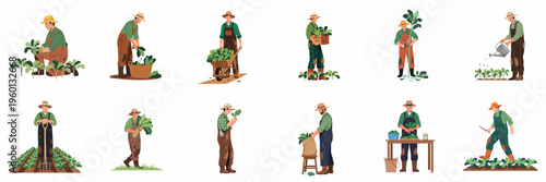 Flat vector illustrations of farmers working in a vegetable garden, harvesting kale, watering plants, and managing crops on a white background.