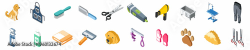 Comprehensive Set of Isometric Dog Grooming Icons and Equipment for Professional Pet Care Services