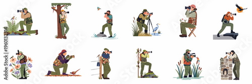 Set of flat vector illustrations depicting professional and amateur photographers capturing various bird species in different natural environments and habitats.