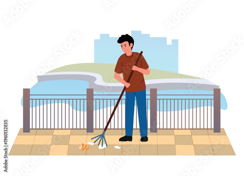 City cleanup event. Man volunteer collecting litter in urban park or street. Environmental protection, community service.