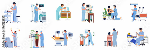 Flat vector illustration set of healthcare professionals performing various medical procedures, patient care, and clinical tasks in a hospital or clinic setting.