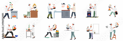 Set of professional chefs cooking and sautéing food in various kitchen environments, featuring flames and fresh ingredients.