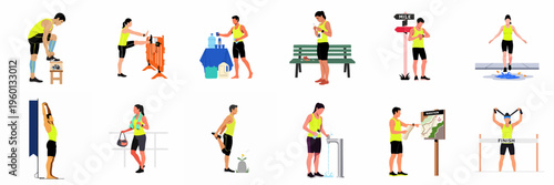 Set of flat vector illustrations depicting various marathon and running activities, including stretching, hydrating, checking gear, and crossing the finish line.
