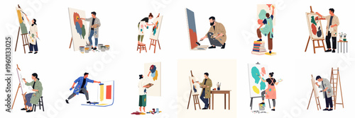 Diverse group of artists painting abstract artworks on canvases using various tools in a flat vector illustration style.