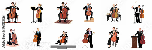 A collection of flat vector illustrations of diverse male and female cellists in formal black-tie attire performing and posing with their instruments.