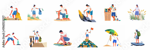 Vector set of flat illustrations depicting volunteers engaged in beach cleanup activities, collecting plastic waste and marine debris to protect the environment.