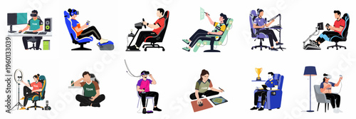 Vector collection of flat illustrations featuring gamers, streamers, and people using virtual reality headsets and professional gaming equipment in various settings.