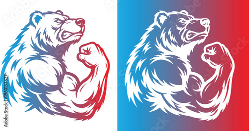 Powerful bear emblem with muscular arm illustration, Strong bear flexing muscle vector design