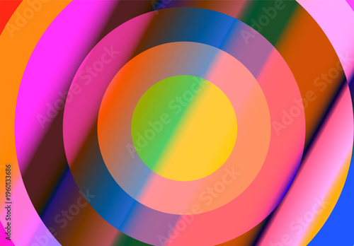 Vibrant concentric circles in bold purple,red, yellow and orange  and orange form an abstract target-like composition, evoking playful, retro and psychedelic pop-art energy 