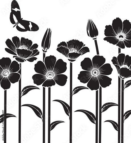 flowers in black with butterflies