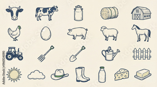Farm scene showing animals, tools, and products commonly found in rural areas during the day