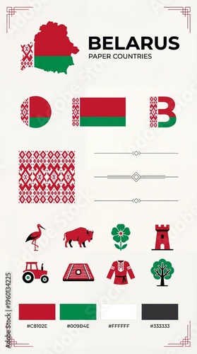 Showcasing the design elements and symbols of Belarus with colors inspired by its flag and cultural motifs