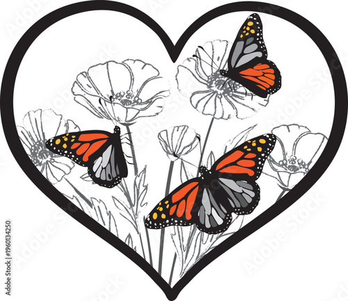 Monarch butterflies with flowers in a heart