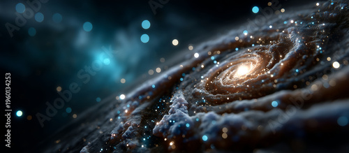 Spiral galaxy with glowing blue core in deep outer space, universe, cosmos, astronomy, star field, celestial object, interstellar scene, space exploration, astrophysics, cosmic bac