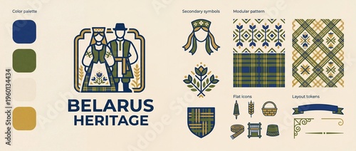 Belarus heritage design elements include symbols, patterns, and a color palette for cultural representation and branding purposes