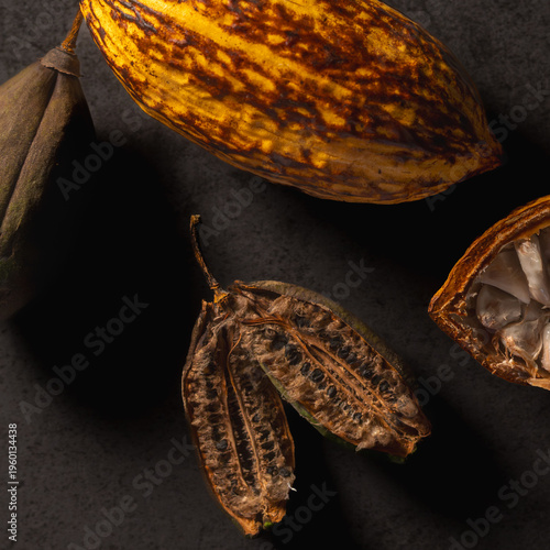 Mazorca de cacao y pochote entera sobre superficie de mármol negro con iluminación dramática