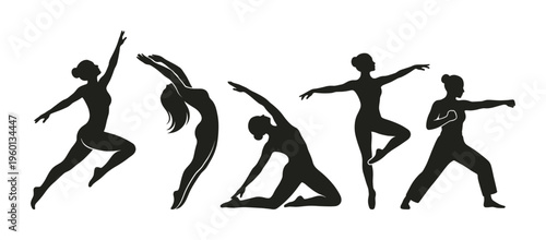 A set of black silhouettes of women in active poses. Includes yoga, dance, ballet, gymnastics, and martial arts. Perfect for fitness, sport, and wellness concepts.