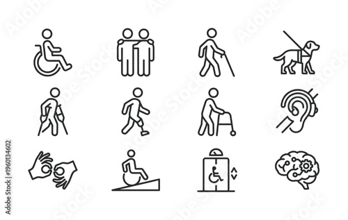 Set of disability and accessibility line icons. Includes wheelchair, guide dog, hearing aid, and sign language symbols. Vector illustration for inclusive design and communication.