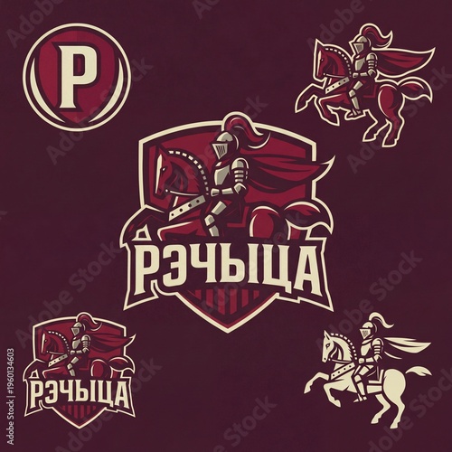 Logo designs featuring knights and horses for a sports team in red and gold colors with bold lettering