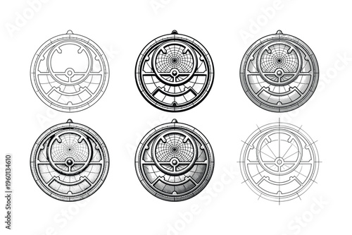 Collection of six fantasy amulet illustrations in various stages of detail. Black and white engraving and dotwork style vector for logos, tattoos, or game design.