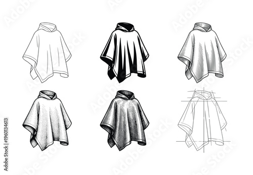 A versatile set of six hooded poncho vector illustrations. Includes line art, engraving, stippling, and blueprint styles for fashion design, apparel mockups, and icons.