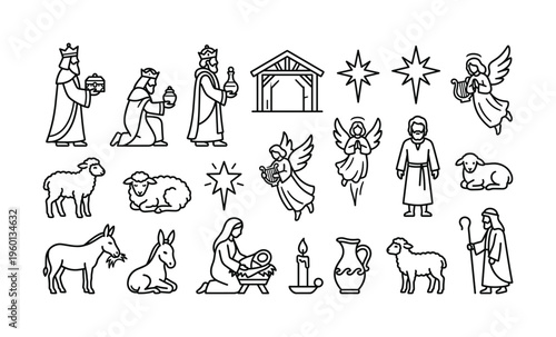 Set of Christmas Nativity scene icons. Minimalist black line art vector illustrations of Mary, Jesus, Joseph, Magi, and angels for holiday design, cards, and religious media.