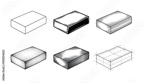 A set of hand drawn vector illustrations showing various shading techniques on a block. Includes hatching, stippling, and line art. Perfect for design tutorials or technical graphics.