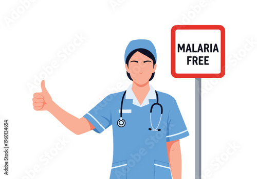 Dedicated nurse showing thumb up near malaria free sign signifying successful disease eradication and public health achievement.
